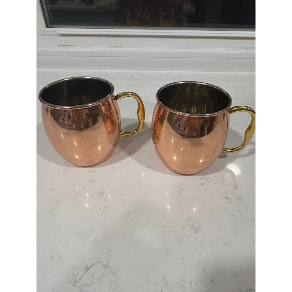 Set of 2 Genuine Copper Moscow Mule Mugs Stainless Steel Lined Brass Handle